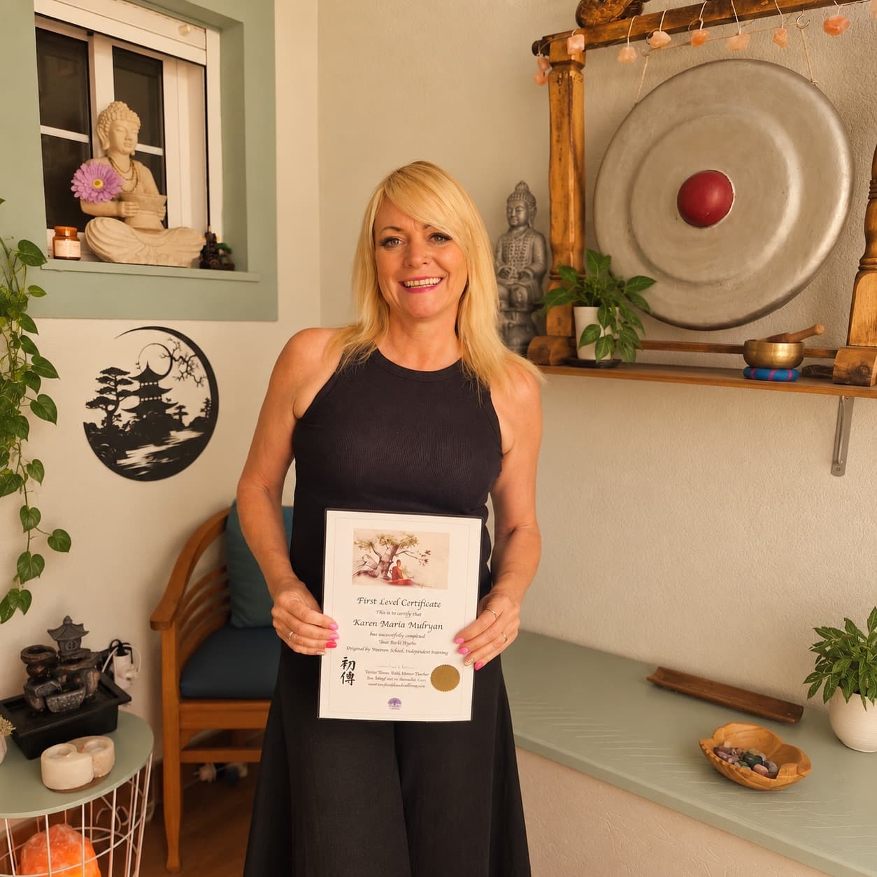 Karen Maria in her holistic wellness studio in Golf del Sur, Tenerife, holding her Reiki First Level certificate